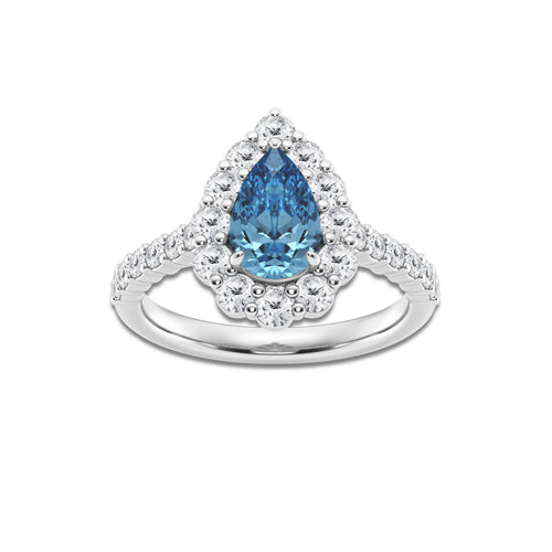 Auriga 2 ctw Pear Fancy Blue Lab Grown Diamond With Prong Set Frame Halo Engagement Ring 14K White Gold | 1 ct Center