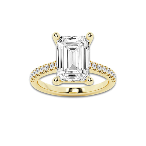 5.30 ctw Emerald Lab-Grown Diamond Hidden Halo Side Stone Engagement Ring in 18K Yellow Gold for Women | Colorless D, VVS1 Clarity, IGI Certified 5.00 ct Center Diamond