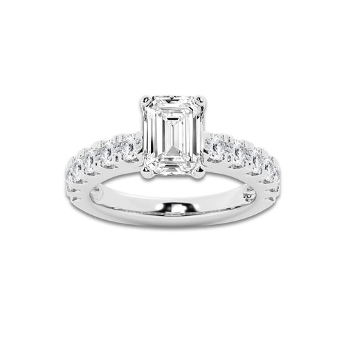 3.50 ctw Emerald Lab-Grown Diamond Split-Prong Set Side Stone Engagement Ring in 14K White Gold for Women | Colorless E, VS1 Clarity, IGI Certified 2.50 ct Center Diamond