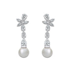 9 mm Freshwater Pearl and 4 ctw Lab Grown Diamond Dangle Earrings 14K White Gold, Fresh Water