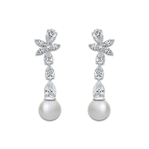9 mm Freshwater Pearl and 4 ctw Lab Grown Diamond Dangle Earrings 14K White Gold, Fresh Water