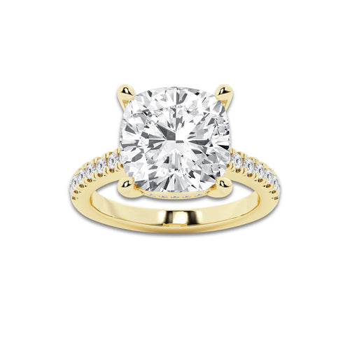 7.37 ctw Cushion Lab-Grown Diamond Hidden Halo Side Stone Engagement Ring in 18K Yellow Gold for Women | Colorless E, VS1 Clarity, IGI Certified 7.00 ct Center Diamond