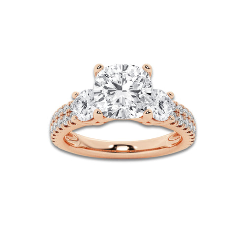 1.50 ctw Cushion Lab-Grown Diamond Three Stone Double Row Engagement Ring in 14K Rose Gold for Women | E Color, VS1 Clarity, IGI Certified 0.75 ct Center Diamond