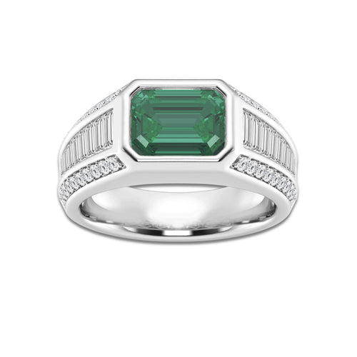 9x7 mm Emerald Cut Created Emerald & 1 1/3 Baguette and Round Lab Grown Diamond Side Stones Engagement Ring 14K White Gold