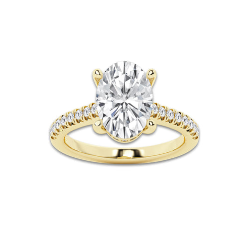 3.29 ctw Oval Lab-Grown Diamond Hidden Halo Side Stone Engagement Ring in 18K Yellow Gold for Women | Colorless D, VVS1 Clarity, IGI Certified 3.00 ct Center Diamond