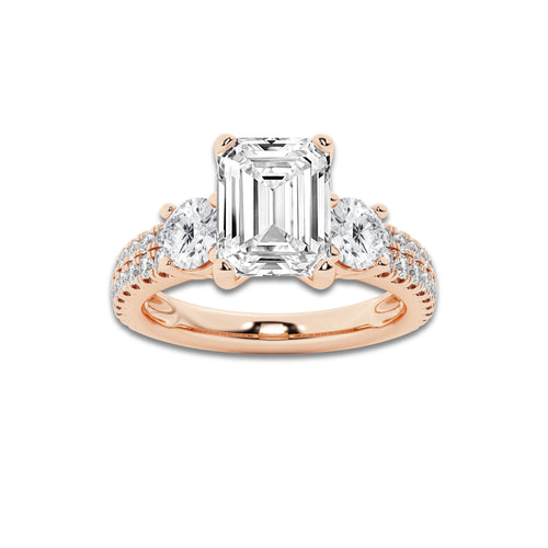 1.75 ctw Emerald Lab-Grown Diamond Three Stone Double Row Engagement Ring in 14K Rose Gold for Women | E Color, VS1 Clarity, IGI Certified 1.00 ct Center Diamond