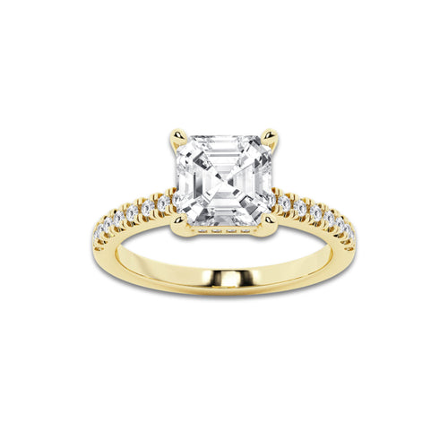 3.28 ctw Asscher Lab-Grown Diamond Hidden Halo Side Stone Engagement Ring in 18K Yellow Gold for Women | Colorless D, VVS1 Clarity, IGI Certified 3.00 ct Center Diamond