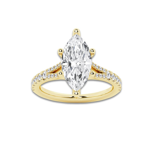 3.33 ctw Marquise Lab-Grown Diamond Split Shank Side Stone Engagement Ring in 14K Yellow Gold for Women | Colorless D, VVS1 Clarity, IGI Certified 3.00 ct Center Diamond