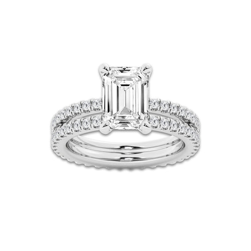 3.89 ctw Emerald Lab-Grown Diamond Double Row Diamond Engagement Ring in 14K White Gold for Women | Colorless E, VS1 Clarity, IGI Certified 3.00 ct Center Diamond