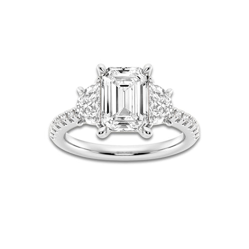 4 1/5 ctw Emerald Lab Grown Diamond Three-Stone Engagement Ring with Half Moon sides Platinum, E, VS1 | 3 ct Center