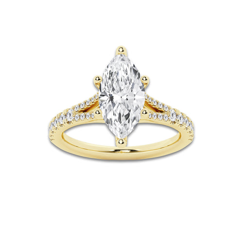 3.33 ctw Marquise Lab-Grown Diamond Split Shank Side Stone Engagement Ring in 14K Yellow Gold for Women | Colorless E, VS1 Clarity, IGI Certified 3.00 ct Center Diamond