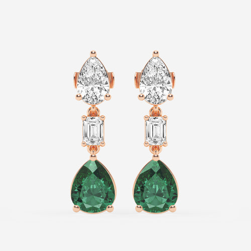 10x8mm Pear Cut Created Emerald with 2 7/8 ctw Emerald and Pear Lab Grown Diamond Drop Earrings 14K Rose Gold