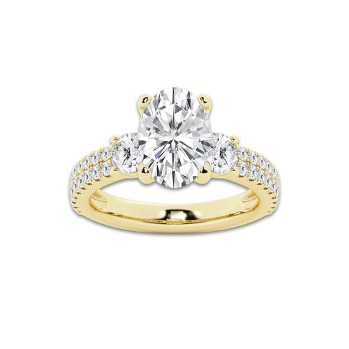 3.50 ctw Oval Lab-Grown Diamond Three Stone Double Row Engagement Ring in 14K Yellow Gold for Women | E Color, VS1 Clarity, IGI Certified 2.50 ct Center Diamond