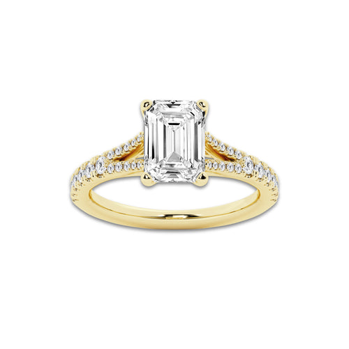 2.83 ctw Emerald Lab-Grown Diamond Split Shank Side Stone Engagement Ring in 14K Yellow Gold for Women | Colorless E, VS1 Clarity, IGI Certified 2.50 ct Center Diamond