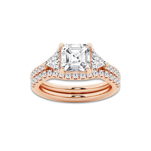 3 1/4 ctw Asscher Lab Grown Diamond Three-Stone Bridal Set 14K Rose Gold, E, VS1 | 2 ct Center
