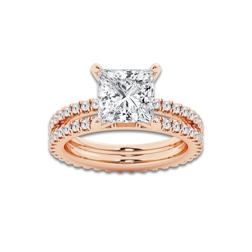 3.89 ctw Princess Lab-Grown Diamond Double Row Diamond Engagement Ring in 14K Rose Gold for Women | Colorless D, VVS1 Clarity, IGI Certified 3.00 ct Center Diamond