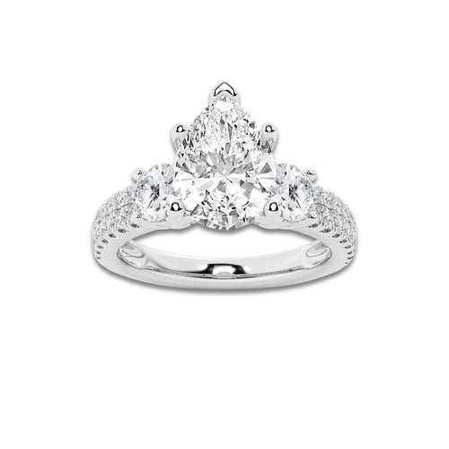 3.00 ctw Pear Lab-Grown Diamond Three Stone Double Row Engagement Ring in 14K White Gold for Women | D Color, VVS1 Clarity, IGI Certified 2.00 ct Center Diamond