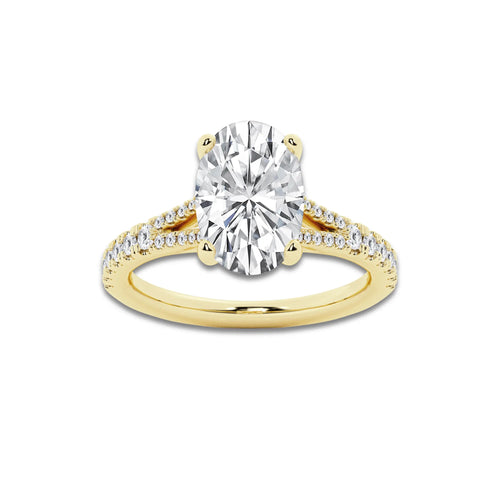 7.66 ctw Oval Lab-Grown Diamond Split Shank Side Stone Engagement Ring in 14K Yellow Gold for Women | Colorless E, VS1 Clarity, IGI Certified 7.00 ct Center Diamond