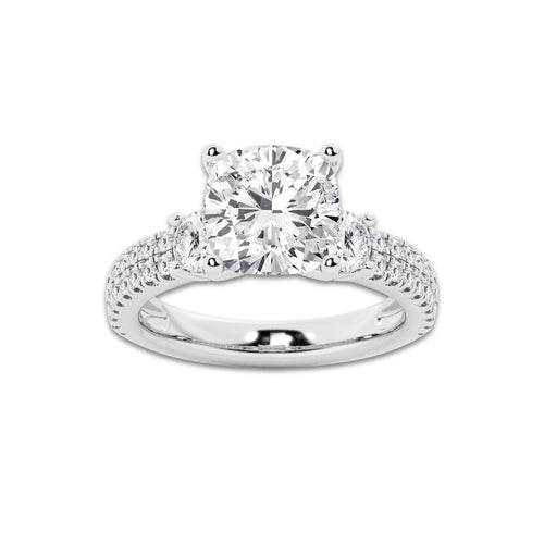 4.46 ctw Cushion Lab-Grown Diamond Three Stone Double Row Engagement Ring in 14K White Gold for Women | D Color, VVS1 Clarity, IGI Certified 3.50 ct Center Diamond