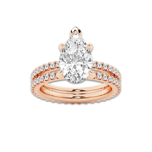 3.89 ctw Pear Lab-Grown Diamond Double Row Diamond Engagement Ring in 14K Rose Gold for Women | Colorless E, VS1 Clarity, IGI Certified 3.00 ct Center Diamond