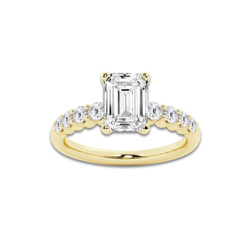 3.04 Ct Emerald Lab-Grown Diamond Half Eternity Engagement Ring in 14K Yellow Gold for Female, Colorless (D), VVS1 Clarity | IGI Certified, 2.50 Ct Center Diamond