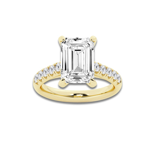 5.43 ctw Emerald Lab-Grown Diamond Pave Engagement Ring in 14K Yellow Gold for Women | D Color, VVS1 Clarity, IGI Certified 5.00 ct Center Diamond