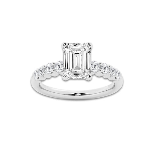3.04 Ct Emerald Lab-Grown Diamond Half Eternity Engagement Ring in 14K White Gold for Female, Colorless (E), VS1 Clarity | IGI Certified, 2.50 Ct Center Diamond