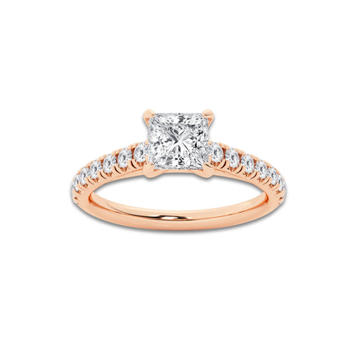 0.89 ctw Princess Lab-Grown Diamond Pave Engagement Ring in 14K Rose Gold for Women | E Color, VS1 Clarity, IGI Certified 0.50 ct Center Diamond