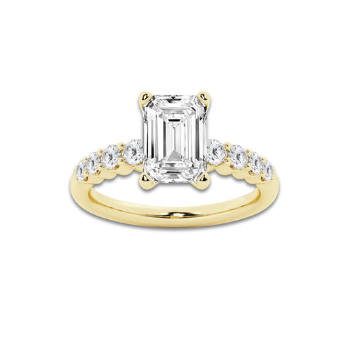 3.54 Ct Emerald Lab-Grown Diamond Half Eternity Engagement Ring in 14K Yellow Gold for Female, Colorless (D), VVS1 Clarity | IGI Certified, 3.00 Ct Center Diamond
