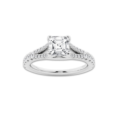 1.08 ctw Asscher Lab-Grown Diamond Split Shank Side Stone Engagement Ring in Platinum for Women | Colorless E, VS1 Clarity, IGI Certified 0.75 ct Center Diamond