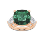 Peony 14 1/2 ctw Cushion Cut Emerald and Pear Lab Grown Diamond Three Stone Engagement Ring 14K Rose Gold | 12 1/2 ct Center