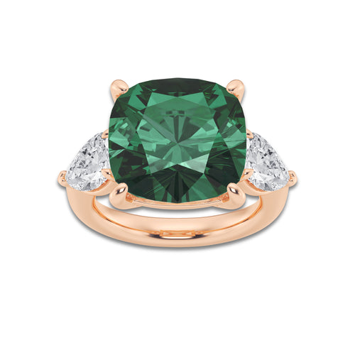 Peony 14 1/2 ctw Cushion Cut Emerald and Pear Lab Grown Diamond Three Stone Engagement Ring 14K Rose Gold | 12 1/2 ct Center