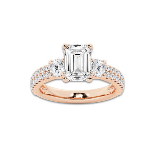 3.50 ctw Emerald Lab-Grown Diamond Three Stone Double Row Engagement Ring in 14K Rose Gold for Women | D Color, VVS1 Clarity, IGI Certified 2.50 ct Center Diamond