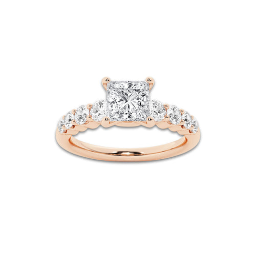 1.29 Ct Princess Lab-Grown Diamond Half Eternity Engagement Ring in 14K Rose Gold for Female, Colorless (E), VS1 Clarity | IGI Certified, 0.75 Ct Center Diamond