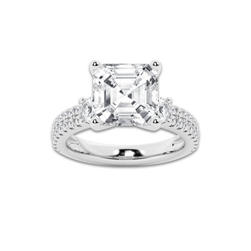 5.96 ctw Asscher Lab-Grown Diamond Three Stone Double Row Engagement Ring in 14K White Gold for Women | E Color, VS1 Clarity, IGI Certified 5.00 ct Center Diamond
