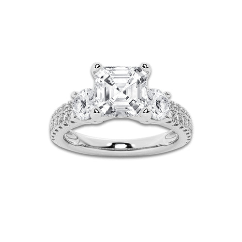 3.00 ctw Asscher Lab-Grown Diamond Three Stone Double Row Engagement Ring in 14K White Gold for Women | D Color, VVS1 Clarity, IGI Certified 2.00 ct Center Diamond