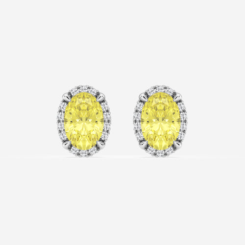 2 1/4 ctw Oval Lab Grown Diamond Fancy Yellow Shadow Halo Stud Earrings 14K White Gold