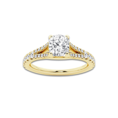 1.33 ctw Cushion Lab-Grown Diamond Split Shank Side Stone Engagement Ring in 14K Yellow Gold for Women | Colorless E, VS1 Clarity, IGI Certified 1.00 ct Center Diamond