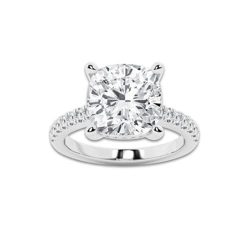 6.37 ctw Cushion Lab-Grown Diamond Hidden Halo Side Stone Engagement Ring in Platinum for Women | Colorless E, VS1 Clarity, IGI Certified 6.00 ct Center Diamond