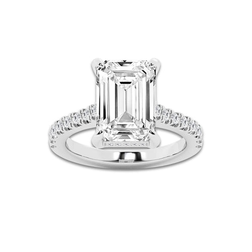 4.35 ctw Emerald Lab-Grown Diamond Hidden Halo Side Stone Engagement Ring in Platinum for Women | Colorless E, VS1 Clarity, IGI Certified 4.00 ct Center Diamond