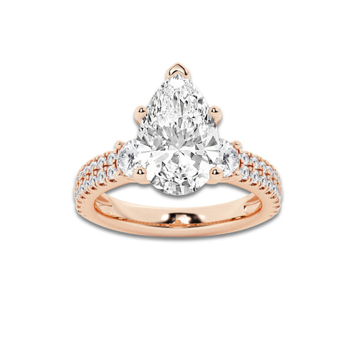 4.46 ctw Pear Lab-Grown Diamond Three Stone Double Row Engagement Ring in 14K Rose Gold for Women | E Color, VS1 Clarity, IGI Certified 3.50 ct Center Diamond