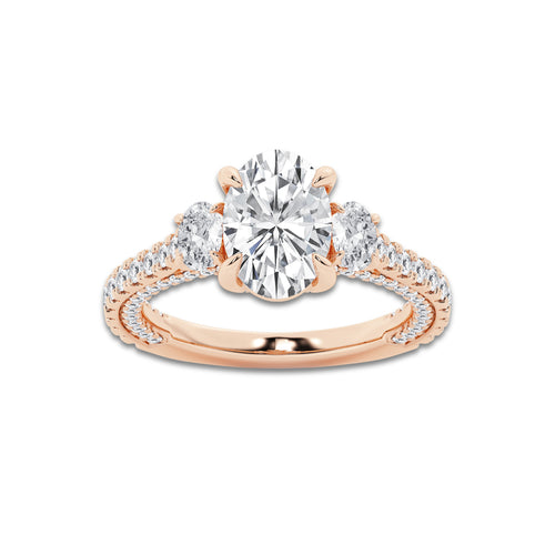 Hyacinth 3 1/10 ctw Oval Lab Grown Diamond Three Stone Engagement Ring with Side Diamonds 14K Rose Gold, E, VS1 | IGI Certified, 2 ct Center