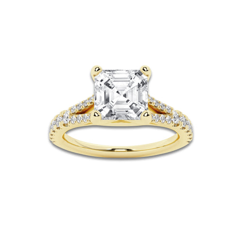 1.83 ctw Asscher Lab-Grown Diamond Split Shank Side Stone Engagement Ring in 14K Yellow Gold for Women | Colorless D, VVS1 Clarity, IGI Certified 1.50 ct Center Diamond