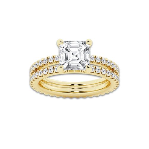 3.39 ctw Asscher Lab-Grown Diamond Double Row Diamond Engagement Ring in 14K Yellow Gold for Women | Colorless D, VVS1 Clarity, IGI Certified 2.50 ct Center Diamond