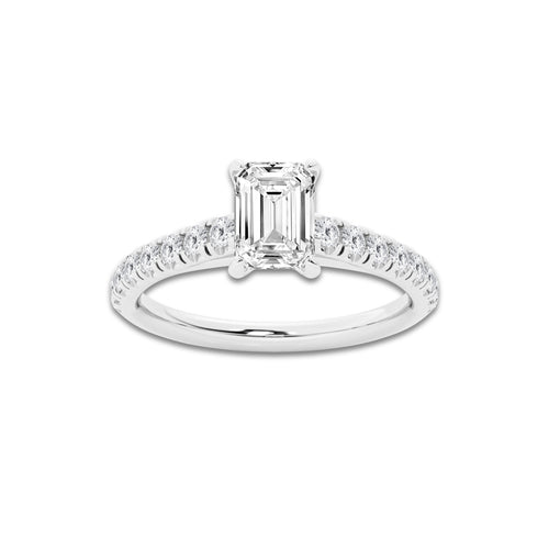 1.14 ctw Emerald Lab-Grown Diamond Pave Engagement Ring in Platinum for Women | E Color, VS1 Clarity, IGI Certified 0.75 ct Center Diamond