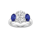 3 7/8 ctw Oval Lab Grown Diamond and Oval Cut Sapphire Three-Stone Hidden Halo Engagement Ring Platinum, E, VS1 | 3 ct Center