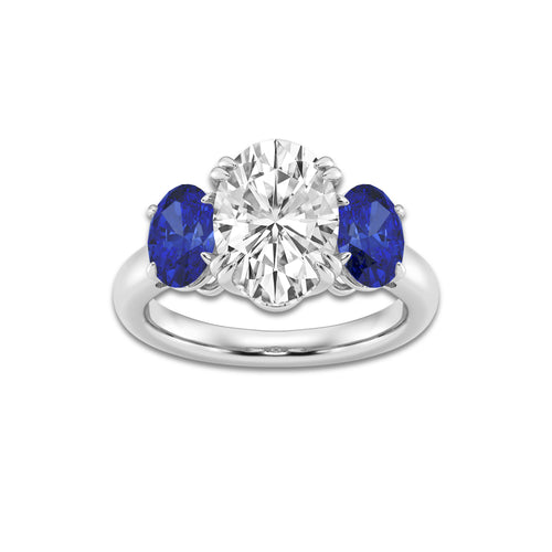 3 7/8 ctw Oval Lab Grown Diamond and Oval Cut Sapphire Three-Stone Hidden Halo Engagement Ring Platinum, E, VS1 | 3 ct Center