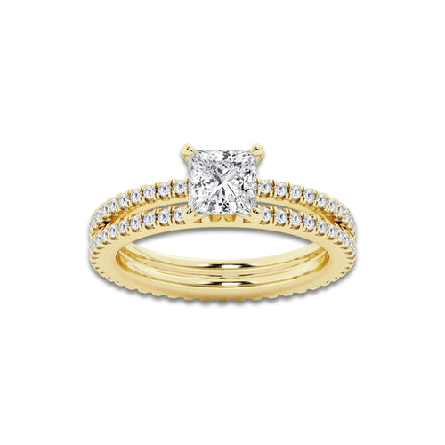 1.69 ctw Princess Lab-Grown Diamond Double Row Diamond Engagement Ring in 14K Yellow Gold for Women | Colorless E, VS1 Clarity, IGI Certified 1.00 ct Center Diamond