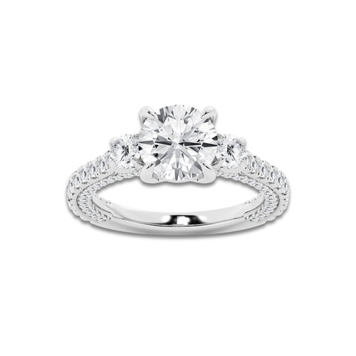 Hyacinth 3 1/10 ctw Round Lab Grown Diamond Three Stone Engagement Ring with Side Diamonds Platinum, E, VS1 | IGI Certified, 2 ct Center