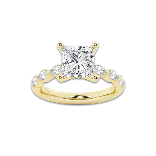 2.53 ctw Princess Lab-Grown Diamond Marquise Side Stone Engagement Ring in 14K Yellow Gold for Women | Colorless E, VS1 Clarity, IGI Certified 2.00 ct Center Diamond
